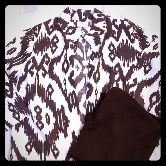 Chico's Ikat Brown & White Linen Blazer 2 - Picture 2 of 8